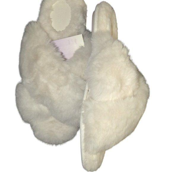Stars Above Off White Faux Fur Crisscross Slide Slippers Women's Large 9-10 - Picture 3 of 5